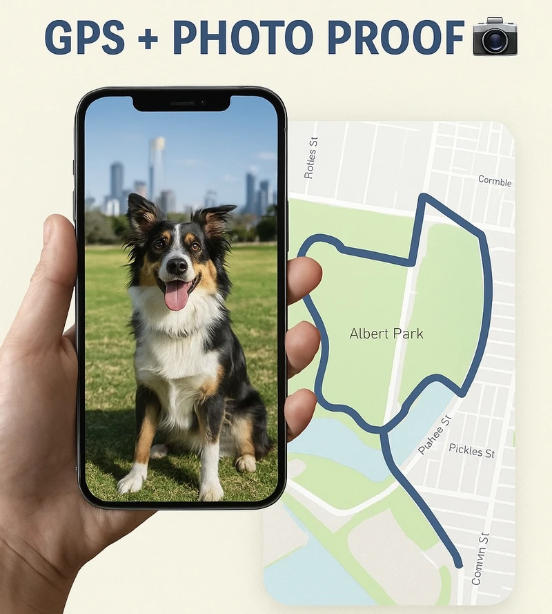 Example screenshot of a GPS route map and a happy dog photo update
