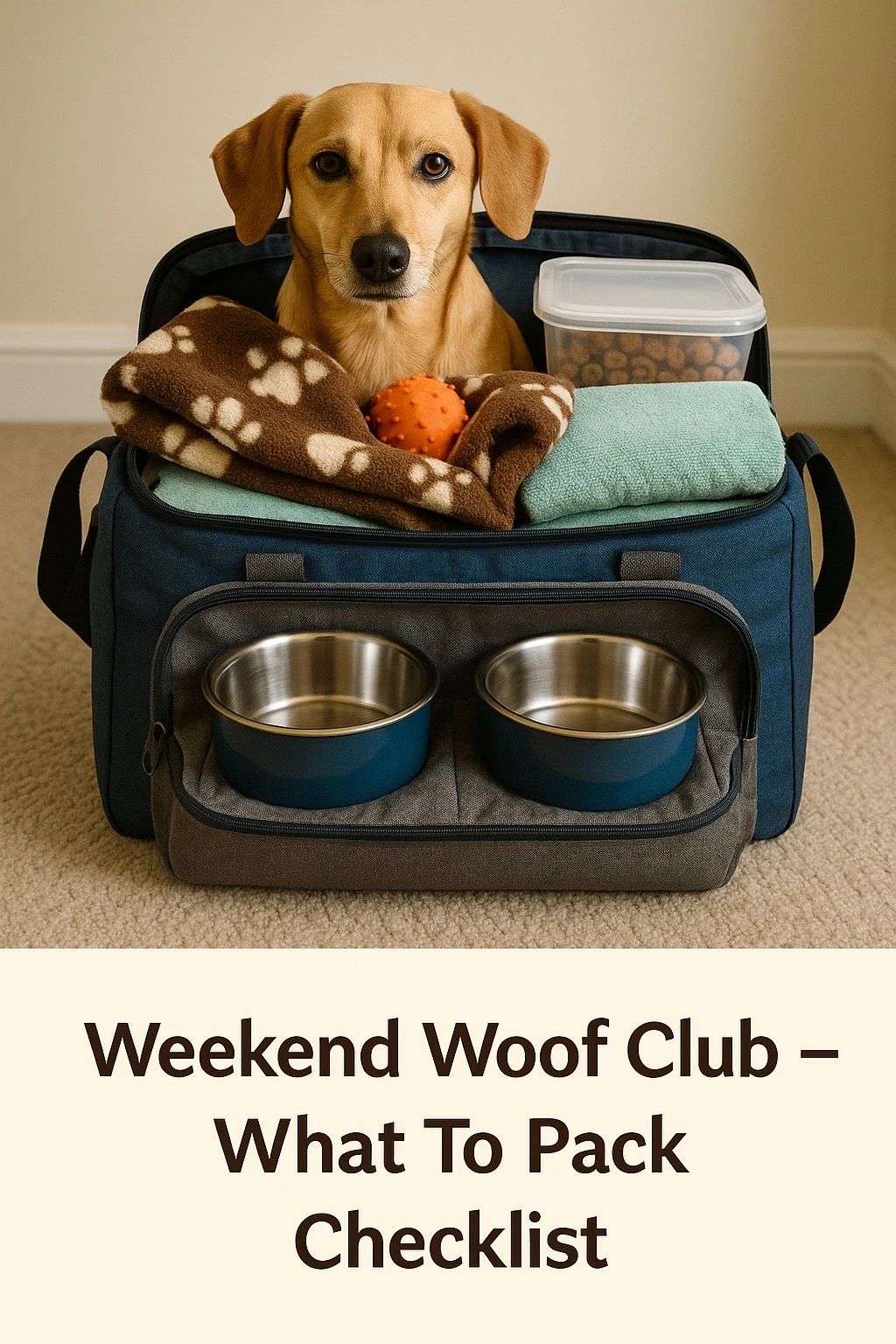 Packed dog bag ready for boutique boarding